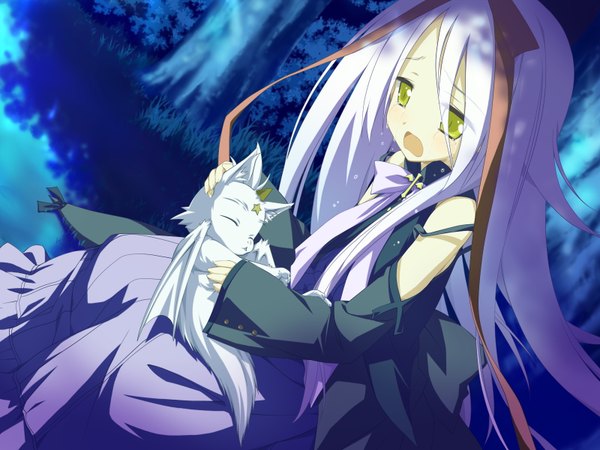 Anime picture 1600x1200 with hoshizora no memoria mare s ephemeral shida kazuhiro single long hair open mouth sitting bare shoulders green eyes game cg purple hair outdoors night loli tears crying girl bow ribbon (ribbons) hair bow