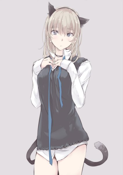 Anime picture 1157x1636 with original touma raito single long hair tall image looking at viewer blush light erotic simple background blonde hair animal ears tail animal tail cat ears grey background cat girl cat tail grey eyes bottomless girl