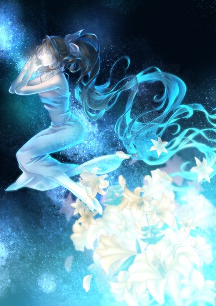 Anime picture 1074x1517 with final fantasy final fantasy vii square enix aerith gainsborough nuruhachi single long hair tall image brown hair bare shoulders ponytail eyes closed barefoot girl dress flower (flowers) petals