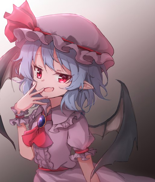 Anime picture 1800x2100 with touhou remilia scarlet hanen (borry) single tall image highres short hair open mouth simple background red eyes blue hair looking away upper body :d pointy ears grey background fang (fangs) bat wings hand to mouth girl