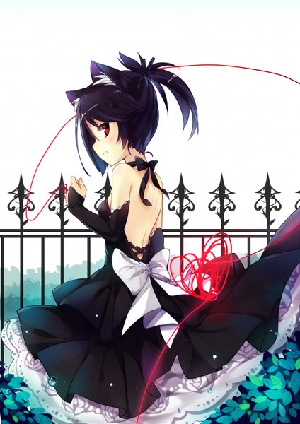 Anime picture 1200x1696 with original kaede (yumesaki kaede) single tall image short hair black hair red eyes animal ears looking back cat ears cat girl back girl dress thread red thread