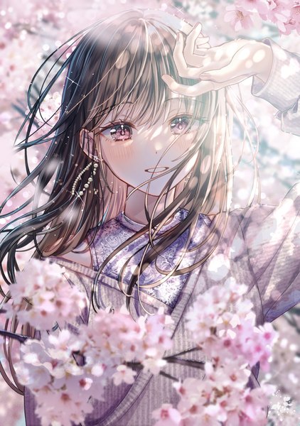 Anime picture 1764x2508 with original sakura (39ra) single long hair tall image fringe highres smile hair between eyes brown hair purple eyes bare shoulders looking away upper body outdoors arm up wind sparkle grin cherry blossoms