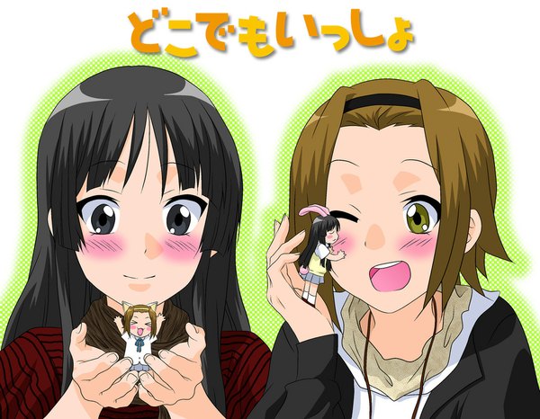 Anime picture 1094x850 with k-on! kyoto animation akiyama mio tainaka ritsu long hair blush fringe short hair open mouth black hair simple background smile brown hair white background multiple girls holding animal ears looking away full body upper body