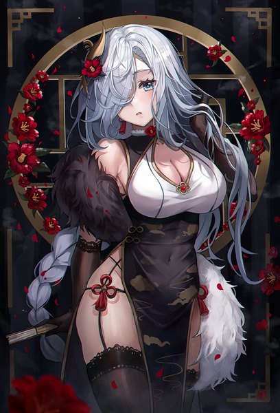 Anime picture 1470x2160 with genshin impact shenhe (genshin impact) poise single long hair tall image looking at viewer blush fringe breasts blue eyes light erotic large breasts standing cleavage silver hair indoors braid (braids) traditional clothes parted lips