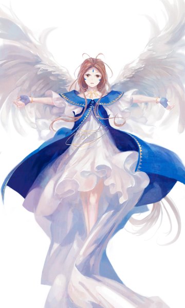 Anime picture 1800x2995 with aa megami-sama anime international company belldandy jq single long hair tall image looking at viewer highres open mouth brown hair white background brown eyes facial mark girl dress gloves wings fingerless gloves