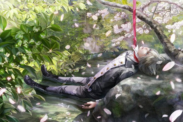 Anime picture 1024x683 with original necco (artist) single short hair animal ears lying aqua eyes grey hair cherry blossoms ophelia's pose boy uniform plant (plants) petals water necktie stone (stones)