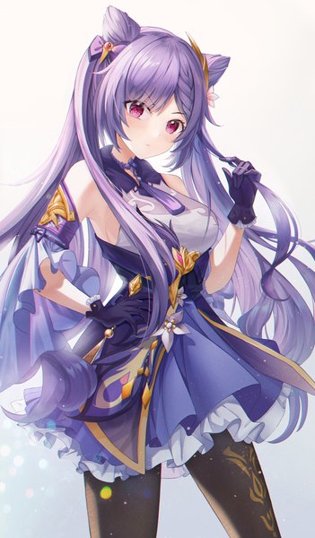 Anime picture 1477x2524 with genshin impact keqing (genshin impact) prana (prana12) single long hair tall image looking at viewer blush fringe breasts simple background standing twintails bare shoulders payot purple hair braid (braids) pink eyes hair bun (hair buns) hand on hip