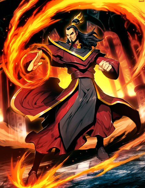 Anime picture 766x992 with avatar: the last airbender nickelodeon ozai genzoman single long hair tall image black hair red eyes traditional clothes japanese clothes magic fighting stance boy hair ornament kimono jewelry fire fist
