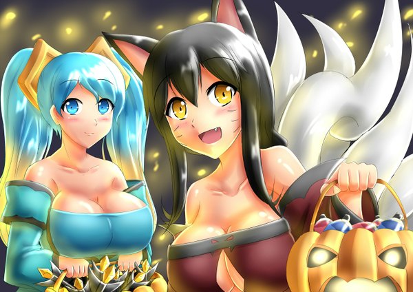 Anime picture 1366x966 with league of legends ahri (league of legends) sona buvelle xano501 long hair blush breasts blue eyes light erotic black hair smile large breasts twintails bare shoulders multiple girls animal ears yellow eyes tail multicolored hair two-tone hair