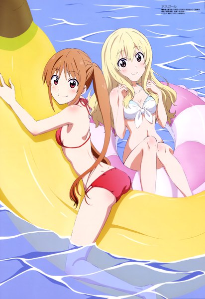 Anime picture 4073x5930 with aho girl hanabatake yoshiko sumino sayaka konno miki long hair tall image looking at viewer blush highres light erotic blonde hair smile red eyes brown hair sitting twintails multiple girls brown eyes signed payot