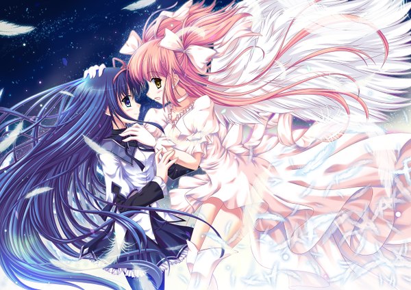 Anime picture 1378x974 with mahou shoujo madoka magica shaft (studio) akemi homura kaname madoka goddess madoka shirakawako long hair purple eyes multiple girls yellow eyes blue hair pink hair two side up holding hands face to face girl dress gloves 2 girls wings