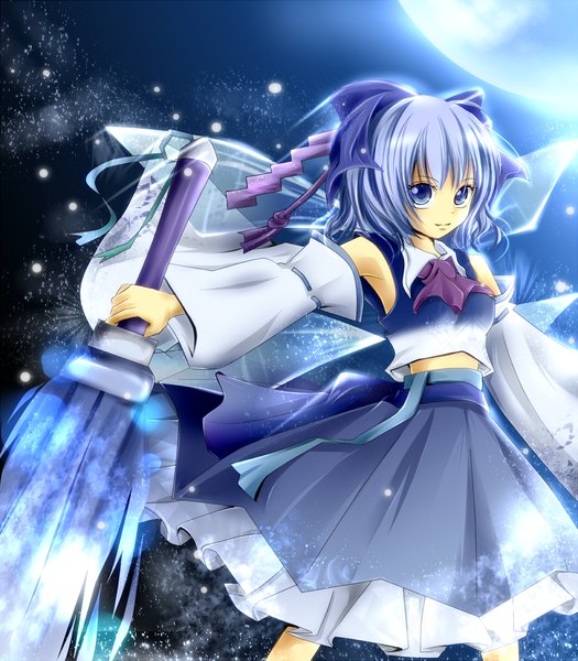 Anime picture 1200x1371 with touhou cirno rikkunia tall image short hair blue eyes blue hair night girl bow weapon hair bow detached sleeves wings