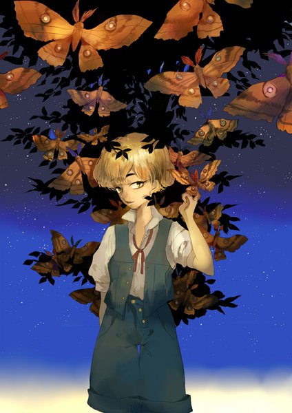 Anime picture 744x1052 with kyouichi single tall image looking at viewer short hair blonde hair black eyes night night sky boy ribbon (ribbons) plant (plants) tree (trees) shorts insect star (stars) vest moth