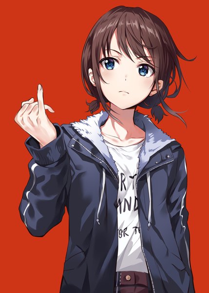 Anime-Bild 2000x2800 mit girls band cry toei animation iseri nina sayuuiede single tall image highres short hair blue eyes simple background brown hair twintails looking away upper body open jacket low twintails short twintails red background pinky out girl