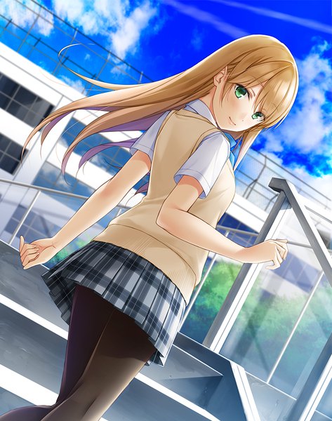 Anime picture 785x996 with original n69 single long hair tall image looking at viewer blush fringe blonde hair smile hair between eyes standing green eyes sky cloud (clouds) outdoors pleated skirt looking back from behind short sleeves