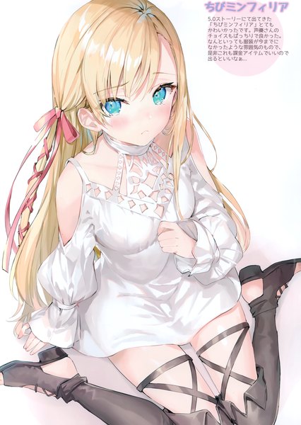 Anime-Bild 2096x2954 mit original momoko (momopoco) single long hair tall image looking at viewer blush fringe highres blue eyes simple background blonde hair white background sitting long sleeves from above scan hair over one eye embarrassed text