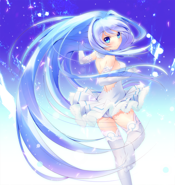 Anime picture 1000x1057 with vividred operation vividblue yuuyu single tall image blush blue eyes light erotic smile bare shoulders blue hair very long hair looking back back girl thighhighs dress gloves underwear panties