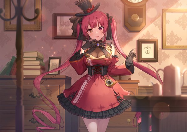 Anime-Bild 2456x1736 mit virtual youtuber hololive houshou marine houshou marine (3rd costume) mikami (mcm ncb) single looking at viewer highres standing twintails red hair indoors very long hair heterochromia lens flare official alternate costume girl dress gloves black gloves