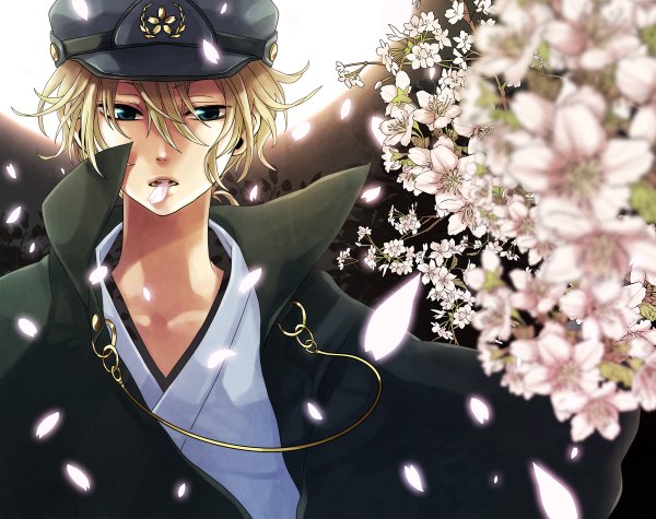 Anime picture 1200x950 with vocaloid kagamine len yamako (state of children) single short hair blue eyes blonde hair japanese clothes cherry blossoms boy flower (flowers) hat petals choker kimono moon cloak