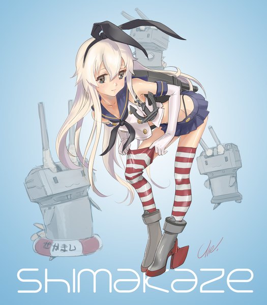 Anime picture 1600x1829 with kantai collection shimakaze destroyer rensouhou-chan ryuji umeno umegrafix long hair tall image looking at viewer brown eyes signed silver hair inscription character names :3 bent over girl thighhighs skirt gloves hair ornament