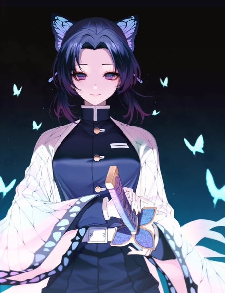 Anime picture 3148x4096 with kimetsu no yaiba ufotable kochou shinobu peulopi single tall image looking at viewer fringe highres short hair black hair simple background smile standing purple eyes holding payot absurdres traditional clothes japanese clothes