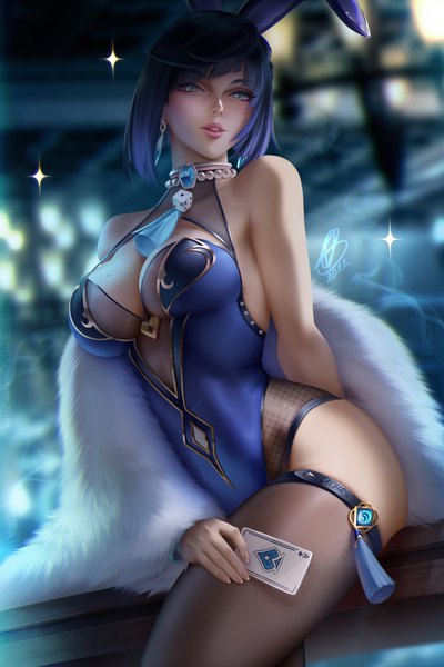 Anime picture 2600x3900 with genshin impact yelan (genshin impact) olchas single tall image looking at viewer fringe highres short hair breasts light erotic large breasts sitting holding green eyes signed animal ears blue hair cleavage parted lips
