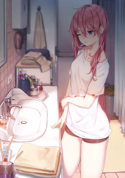 Anime picture 848x1200 with original fangxiang cuoluan single long hair tall image fringe hair between eyes standing purple eyes looking away pink hair ahoge one eye closed short sleeves holding arm girl shorts short shorts t-shirt bathroom