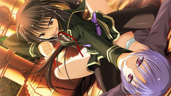 Anime picture 1280x720 with master re:master (game) long hair short hair open mouth black hair red eyes wide image multiple girls game cg purple hair girl uniform 2 girls school uniform