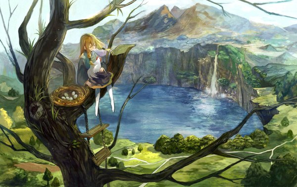 Anime picture 1800x1136 with original tamu (tamurarucaffe1226) single long hair fringe highres blonde hair smile sitting payot looking away outdoors barefoot wind wide sleeves no shoes mountain landscape waterfall lake