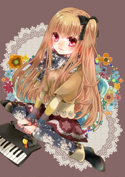 Anime picture 868x1227 with uehara (artist) single long hair tall image looking at viewer red eyes brown hair sitting light smile one side up girl skirt flower (flowers) ribbon (ribbons) hair ribbon scarf bag