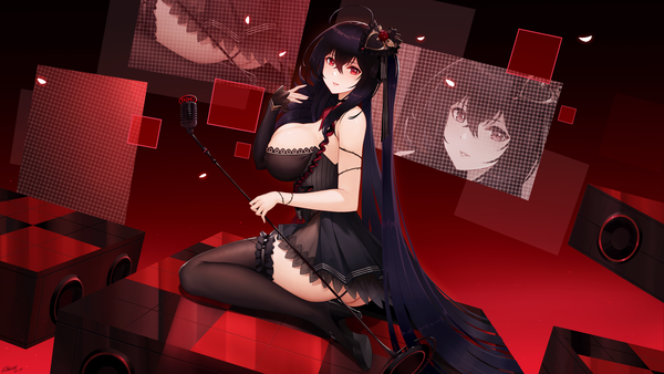 Anime picture 4000x2250 with azur lane taihou (azur lane) taihou (muse) (azur lane) alexiel (artist) single looking at viewer blush fringe highres breasts light erotic black hair hair between eyes red eyes wide image large breasts sitting twintails holding absurdres