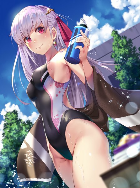 Anime-Bild 744x1000 mit fate (series) fate/grand order kama (fate) renka (renkas) single long hair tall image looking at viewer blush fringe breasts light erotic smile red eyes standing holding sky silver hair cloud (clouds) outdoors