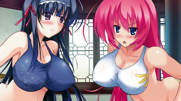 Anime picture 1280x720 with sangoku hime unicorn-a long hair blush breasts blue eyes light erotic black hair red eyes wide image large breasts multiple girls pink hair game cg girl 2 girls