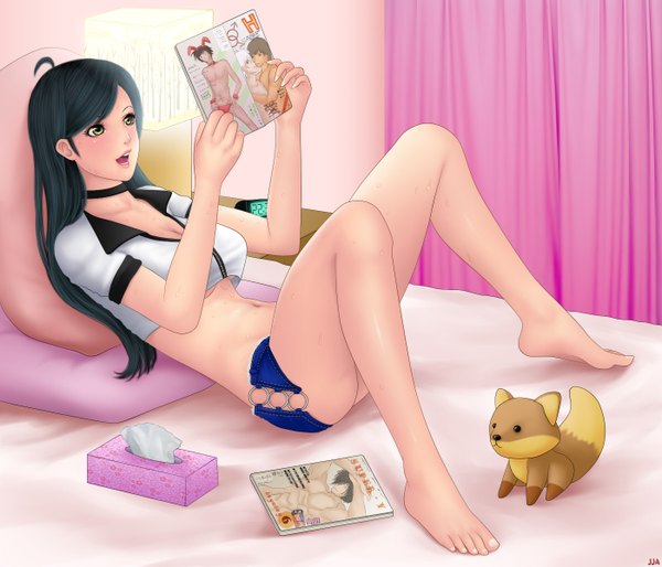Anime picture 1400x1200 with original khalitzburg long hair open mouth light erotic black hair green eyes ahoge barefoot midriff reading girl navel bed curtains toy collar stuffed animal magazine