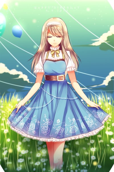 Anime picture 1000x1500 with original na-miey single long hair tall image fringe breasts blonde hair sky cloud (clouds) eyes closed horizon field girl dress ribbon (ribbons) plant (plants) shorts frills belt