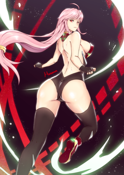 Anime picture 744x1052 with original hananon single long hair tall image looking at viewer breasts light erotic red eyes pink hair ass looking back from behind girl thighhighs gloves black thighhighs fingerless gloves