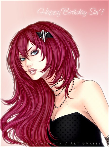 Anime picture 600x802 with m-aelis single long hair tall image looking at viewer blue eyes simple background bare shoulders red hair lips girl hair ornament choker hairclip