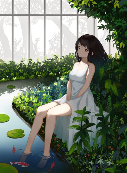 Anime picture 3300x4500 with original .l.l single long hair tall image looking at viewer blush fringe highres black hair sitting bare shoulders brown eyes absurdres full body indoors barefoot sleeveless reflection between legs