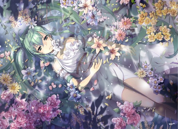 Anime picture 1500x1089 with vocaloid hatsune miku zenyu single long hair looking at viewer open mouth twintails bare shoulders green eyes green hair partially submerged girl dress hair ornament flower (flowers) water white dress