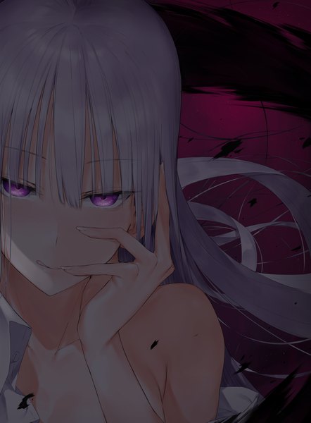 Anime picture 3279x4446 with original akitaka akita single long hair tall image looking at viewer blush fringe highres light erotic simple background hair between eyes purple eyes bare shoulders payot absurdres cleavage silver hair fingernails :q