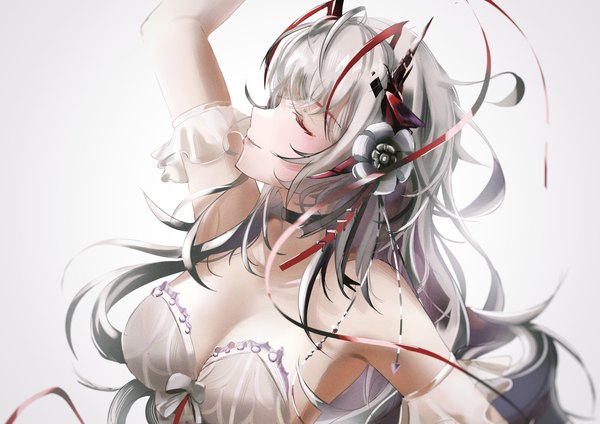 Anime-Bild 3508x2480 mit arknights w (arknights) ksloweii single long hair fringe highres breasts light erotic simple background large breasts absurdres cleavage upper body ahoge eyes closed profile arm up horn (horns) grey hair
