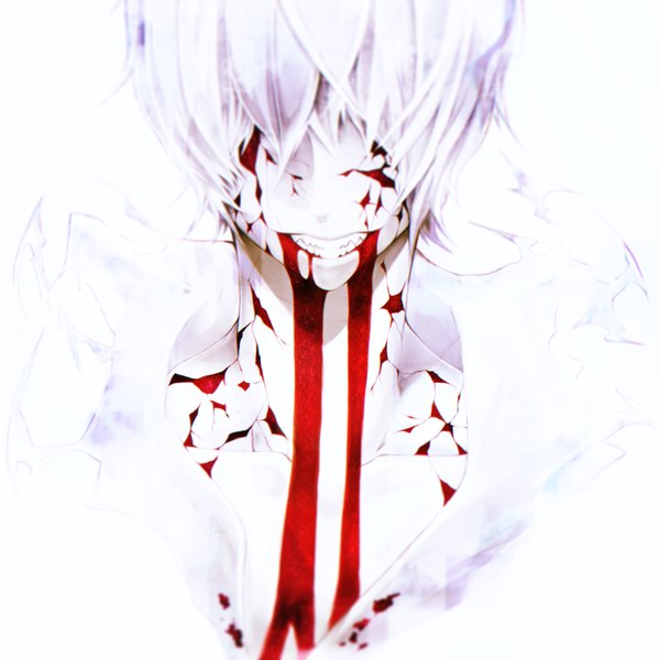 Anime picture 2894x2894 with original alo (m-o-k-e-k-e) single fringe highres short hair simple background white background silver hair upper body head tilt hair over one eye clenched teeth blood on face white skin bleeding boy blood