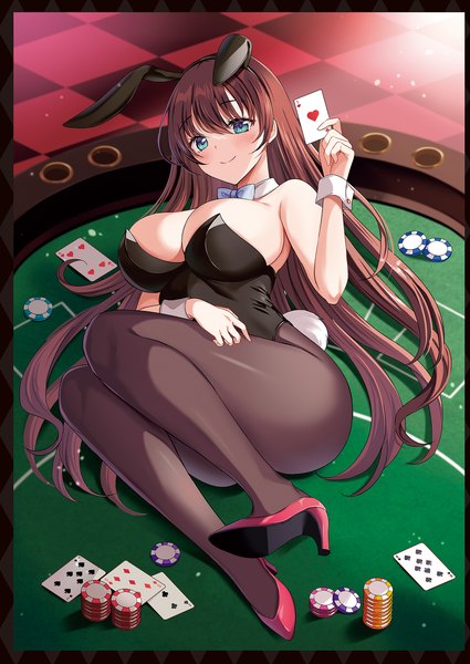 Anime picture 1359x1920 with original harimoji single long hair tall image looking at viewer blush fringe breasts blue eyes light erotic smile hair between eyes brown hair large breasts holding animal ears full body bent knee (knees) indoors