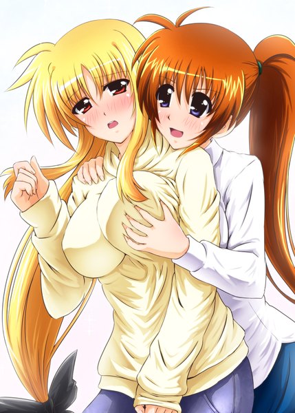 Anime picture 755x1056 with mahou shoujo lyrical nanoha fate testarossa takamachi nanoha diesel-turbo long hair tall image blush breasts open mouth blue eyes light erotic simple background blonde hair red eyes large breasts white background multiple girls ponytail orange hair breast grab