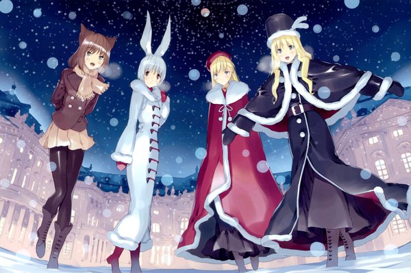 Anime picture 3502x2333 with alice in wonderland looking at viewer highres blue eyes blonde hair smile red eyes brown hair standing multiple girls brown eyes green eyes animal ears absurdres silver hair light smile cat ears night bunny ears night sky