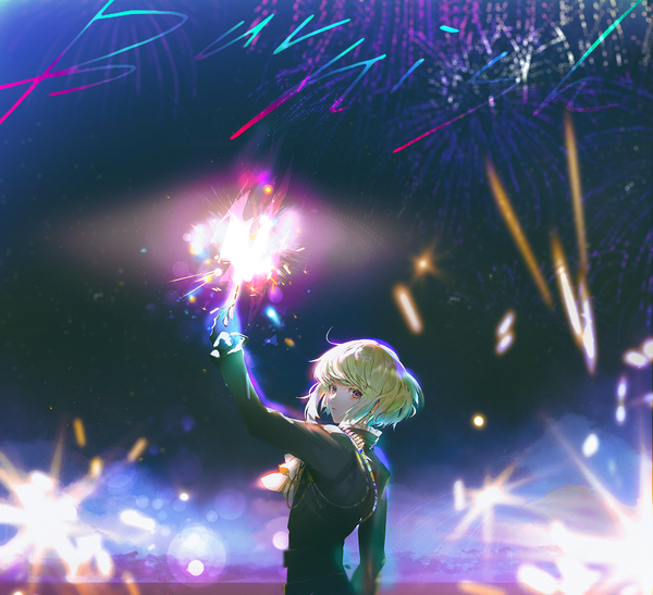Anime picture 1254x1144 with promare studio trigger lio fotia say hana single looking at viewer short hair purple eyes upper body arm up green hair night sparkle turning head fireworks boy