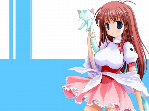 Anime-Bild 1600x1200 mit original longcat kobayashi ritz single long hair looking at viewer blush breasts blue eyes light erotic brown hair large breasts white background ahoge wallpaper blue background frilly skirt girl animal frills