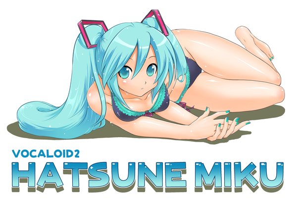 Anime picture 2071x1480 with vocaloid hatsune miku single long hair looking at viewer fringe highres breasts simple background hair between eyes white background twintails full body lying nail polish barefoot aqua eyes aqua hair copyright name character names