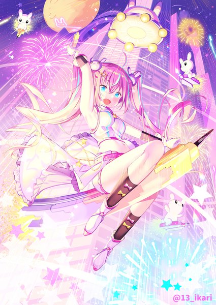 Anime picture 1062x1500 with original ikari (aor3507) single long hair tall image fringe open mouth blue eyes hair between eyes twintails signed pink hair full body :d multicolored hair from below midriff streaked hair twitter username girl