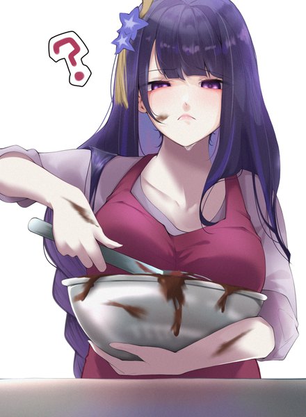 Anime picture 1100x1500 with genshin impact raiden shogun zr04 single long hair tall image fringe simple background white background purple eyes holding purple hair upper body sweat valentine ? cooking chocolate on face girl hair ornament